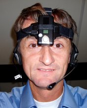 Head-mounted FlyCamOne2 with camera upside-down