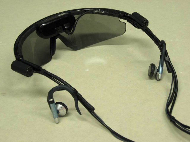 The sonar extension would normally be combined with video sunglasses as used with The vOICe (setup and photograph by Sergey Ershov)