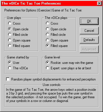 The vOICe Tic Tac Toe preferences dialog